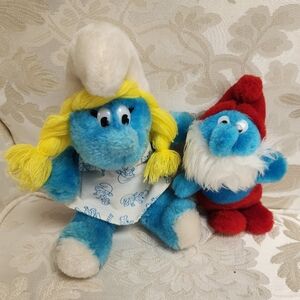 Vintage Papa Smurf & Smurfette 1981 Plush Toy Peyo Wallace Bernie